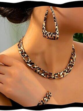 New Leopard Chunky Choker Necklace Set Thick Earring Punk Cuban Jewelry Set